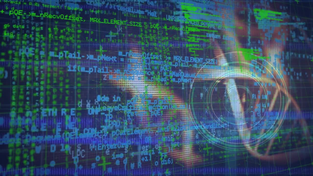 Animation of diverse data processing and dna on navy background