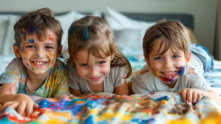 Tre bambini con la vernice sul viso sdraiati su un letto