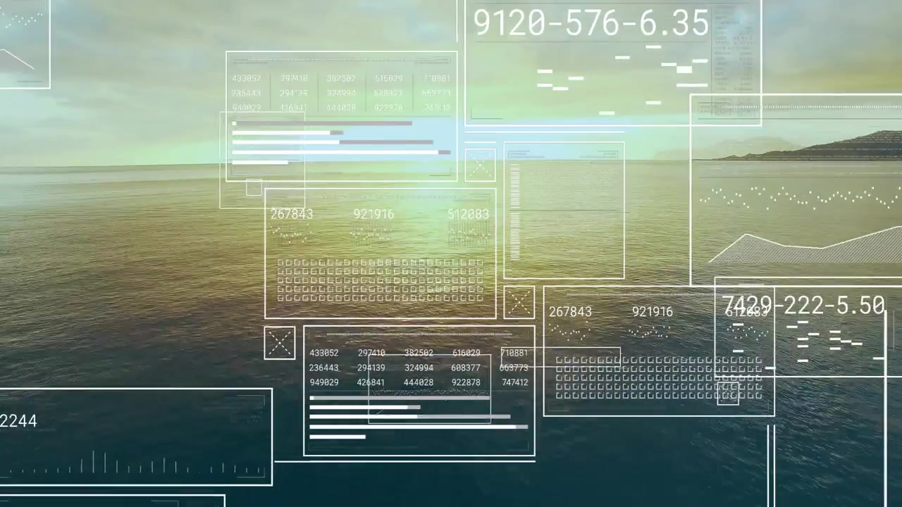 Sun rising driving white HUD over sea, panels layering numbers, circular gauge, visualizing data