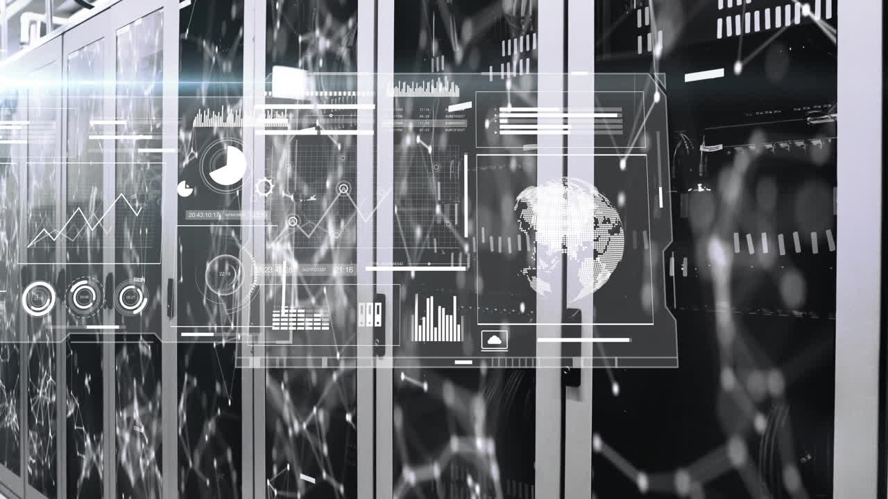 Server racks being visualized through holographic interface charts and network nodes in 3D render