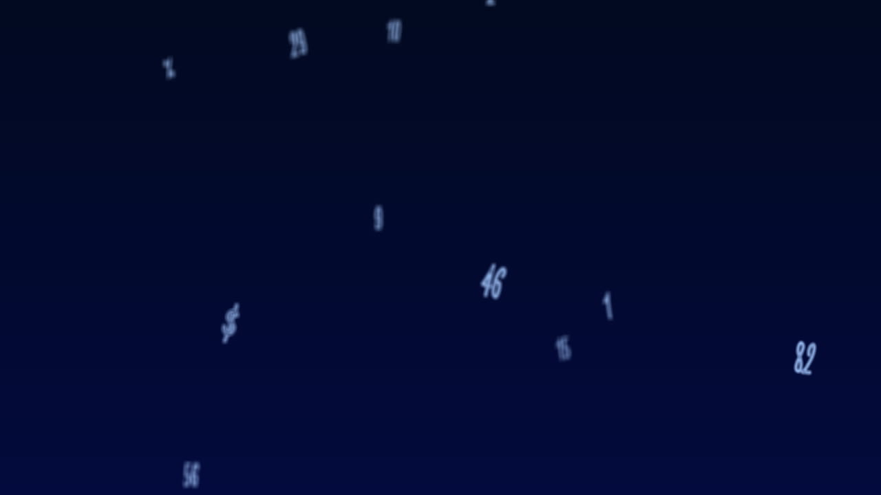 Random numbers, figures, and symbols floating downwards in a vast empty space