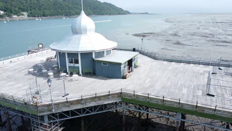 bangor garth pier victorian ornamental silver dome pavilion landmark tourist aerial view close orbit right reverse