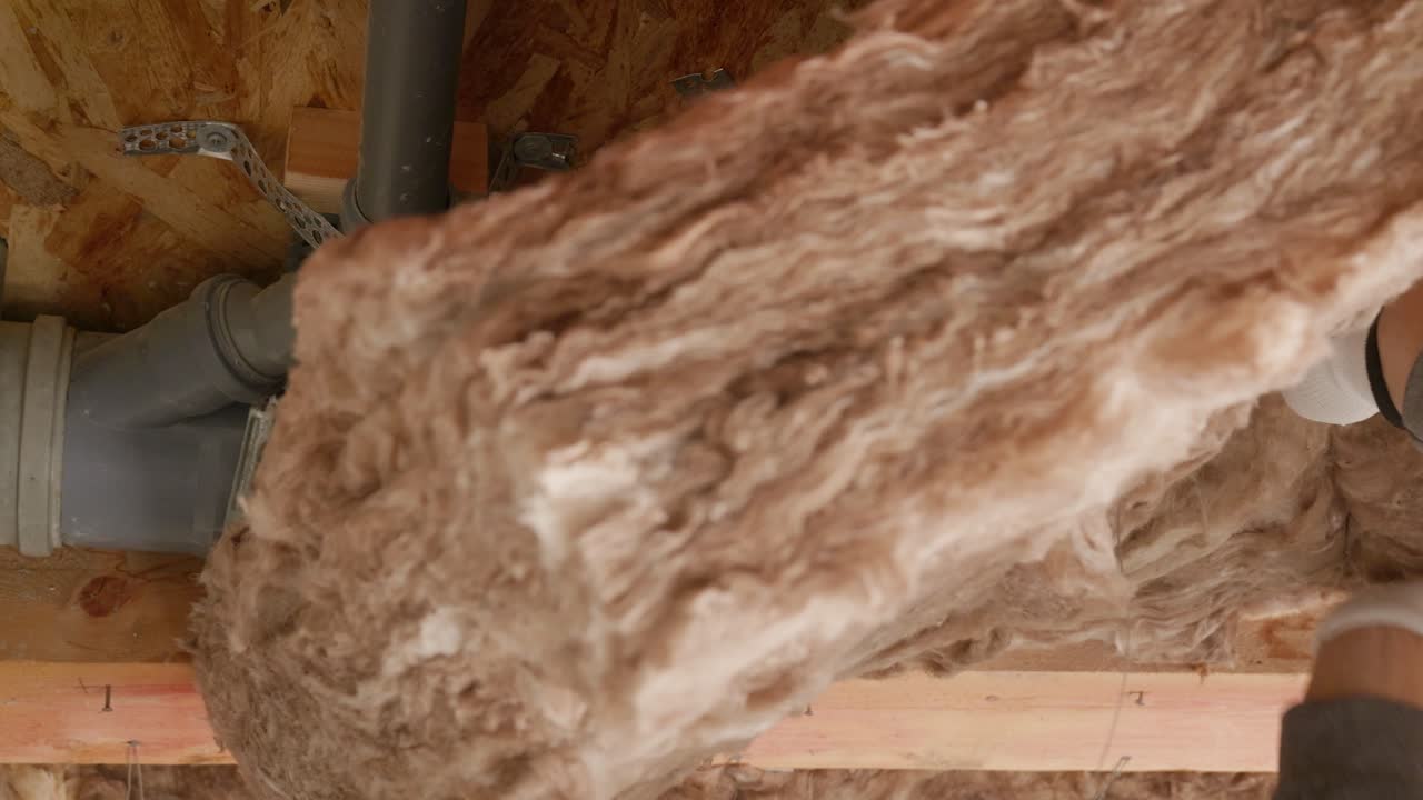Close up view of sewage pipes being covered with mineral wool insulation