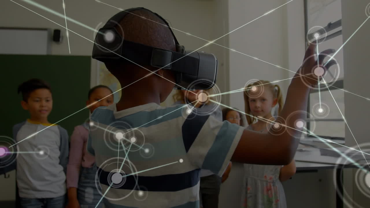 Network of connections with schoolboy wearing VR headset