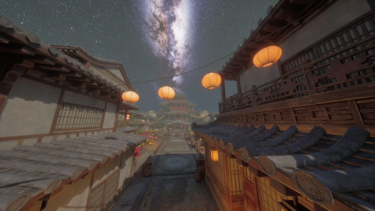 Starry night over lantern lit traditional japanese streets