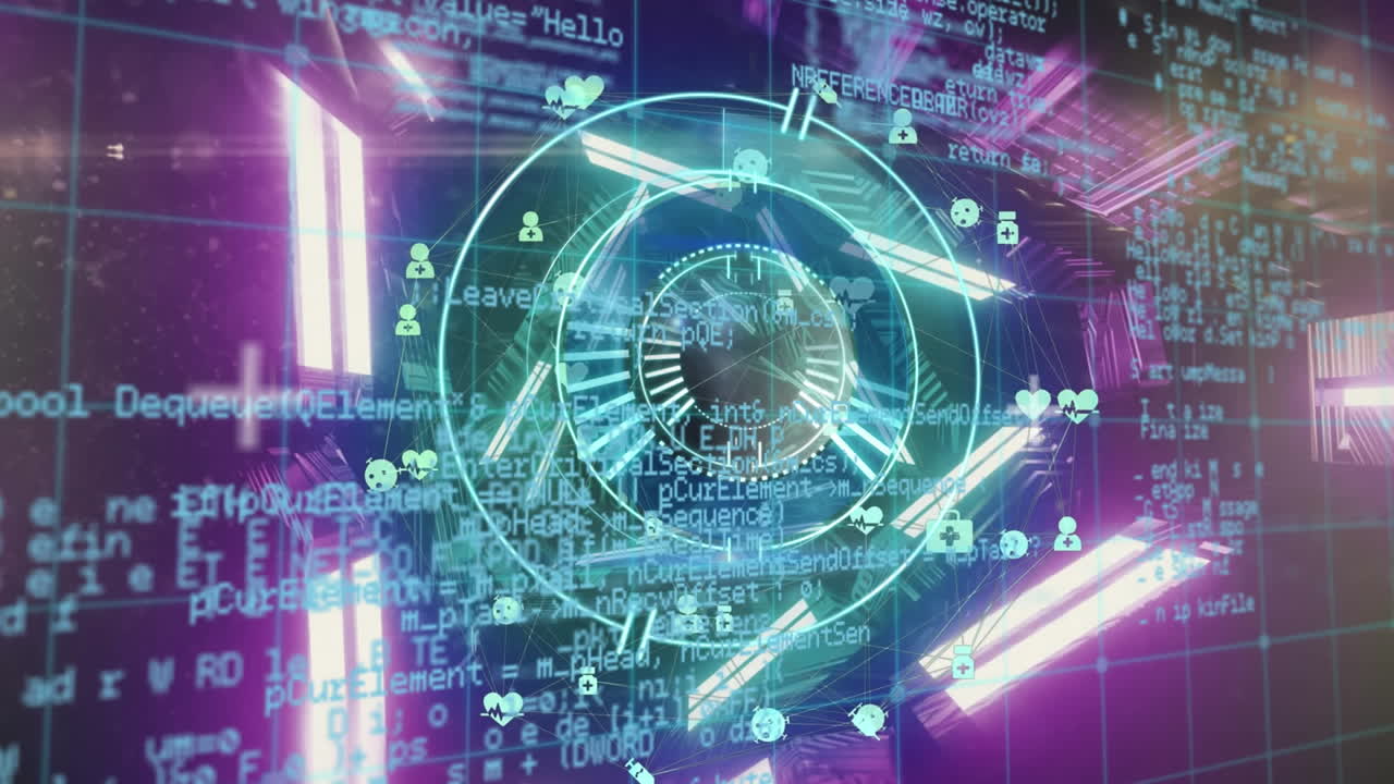 Animation of scope scanning with icons over data processing with neon lights on black background