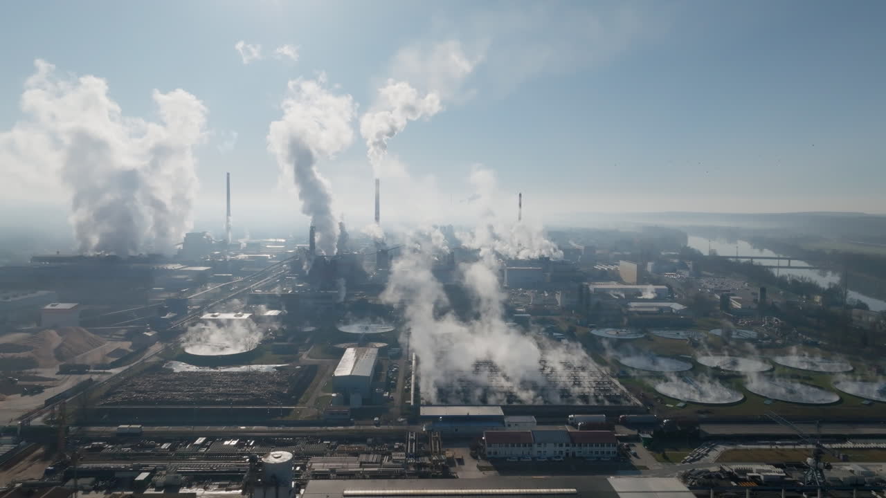 Sorvolo di drone focalizzato su bacini circolari di trattamento delle acque reflue e strutture dell'impianto circostanti, con alte ciminiere in lontananza che scaricano vapore in un cielo pallido.