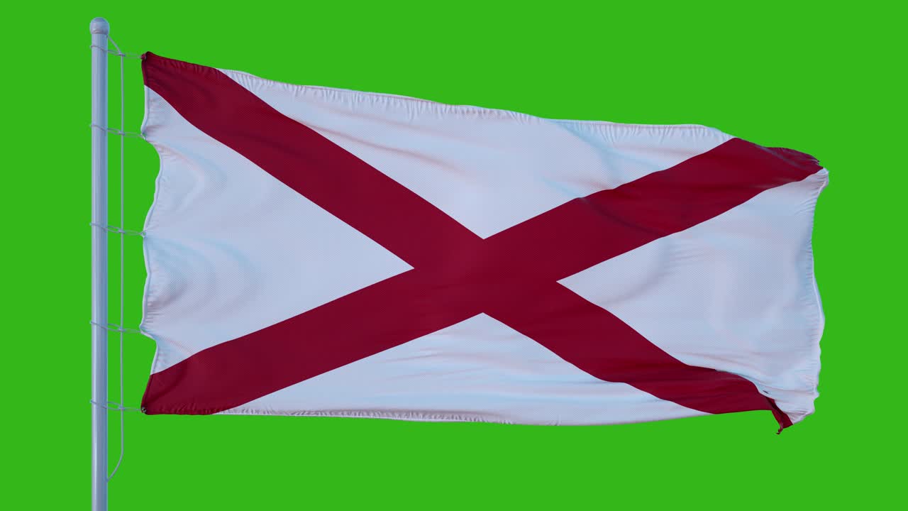 bandera aislada de los estados unidos de alabama en el asta de la bandera revoloteando en el viento, renderización 3d