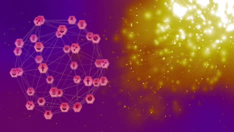 Animation-Von-Symbolen-Und-Datenverarbeitung-über-Dem-Globus-Auf-Violettem-Hintergrund