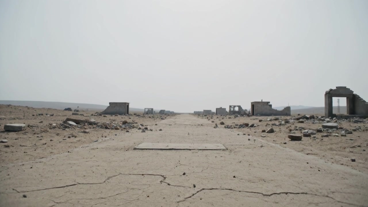 Documenting camera framing cracked track with slab in desert, sunrise brightening for ruins study