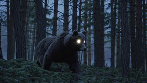 glowing-eyed bear in the dark forest