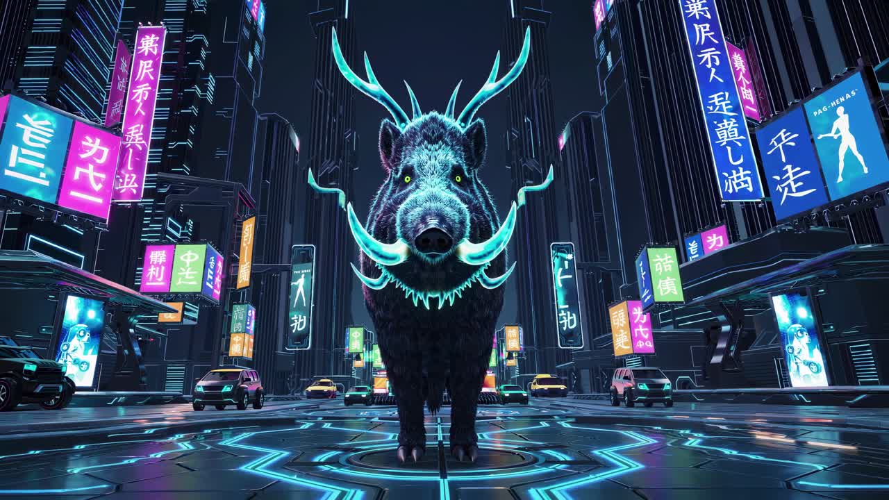 Cyberpunk Boar in Neon City