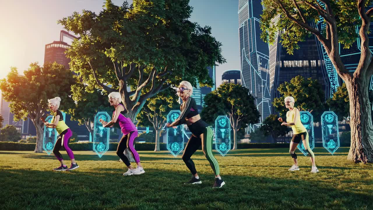 Elderly Women Exercising in a Futuristic Park