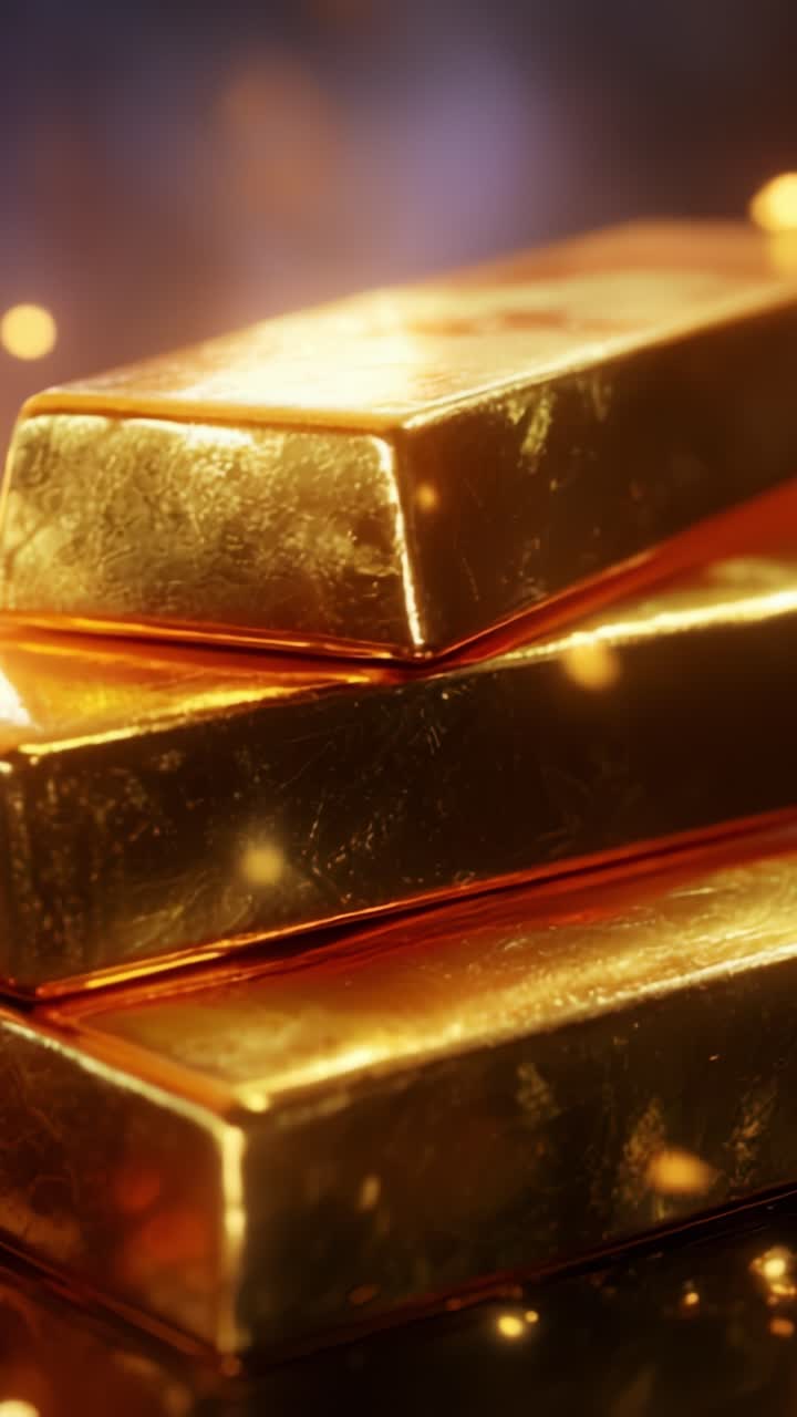 Lingotti d'oro scintillanti che mostrano ricchezza e lusso con uno sfondo ipnotico, catturando l'essenza di opulenza e desiderio in ogni brillante riflesso