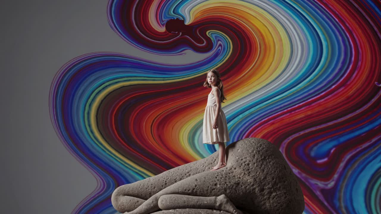 chica en una escultura con fondo abstracto