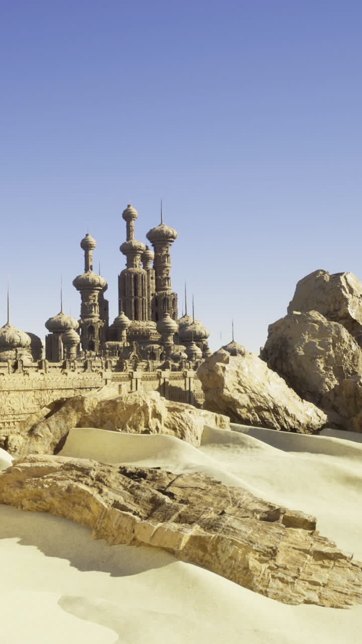 Dune di sabbia circondano un antico castello in un deserto sotto un cielo azzurro e limpido