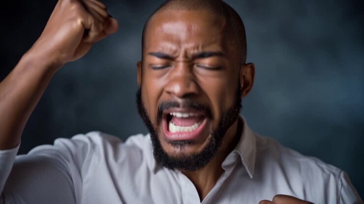 Expression Émotionnelle Intense : Un Homme Exprimant la Rage et la Colère avec les Poings Serrés et une Expression Faciale Furieuse, Capturé en Deux Images Puissantes.