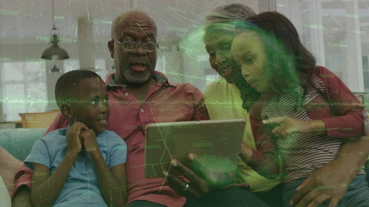 Girl tapping tablet, seniors holding and leaning, boy laughing, green tech overlay guiding learning