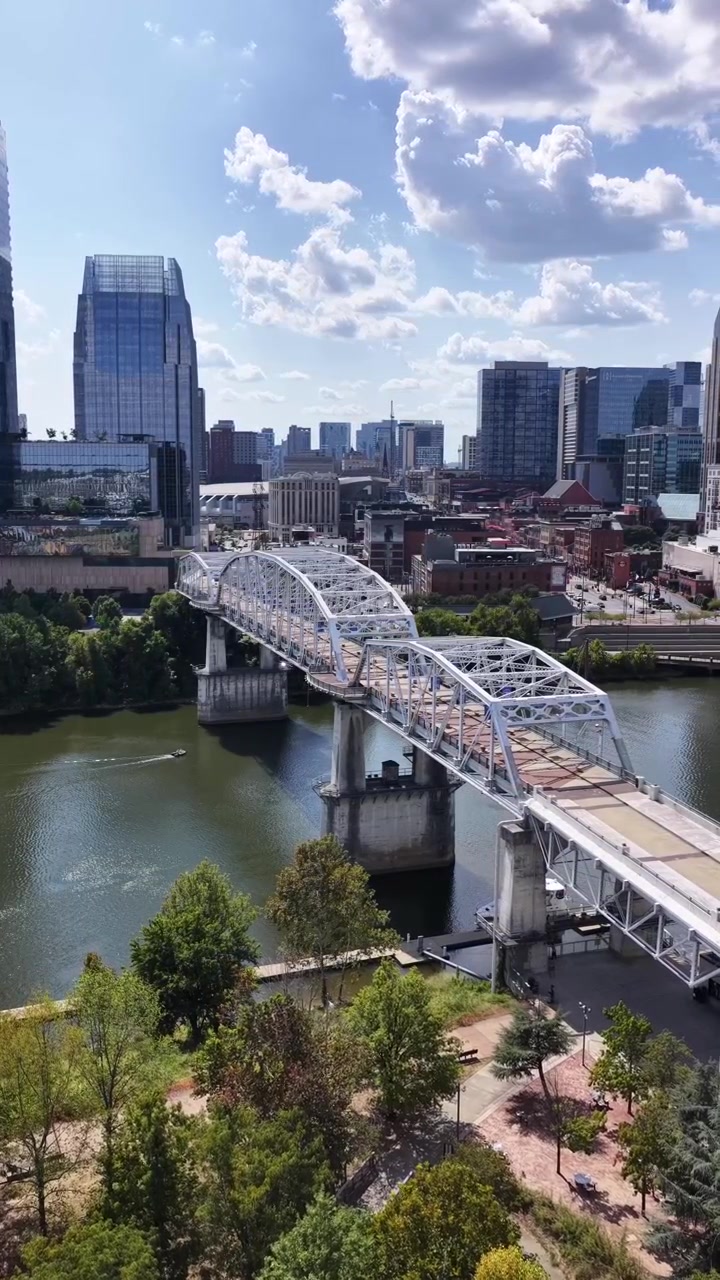 Ripresa verticale con drone del ponte pedonale di Nashville con un parco in primo piano e il panorama urbano sullo sfondo