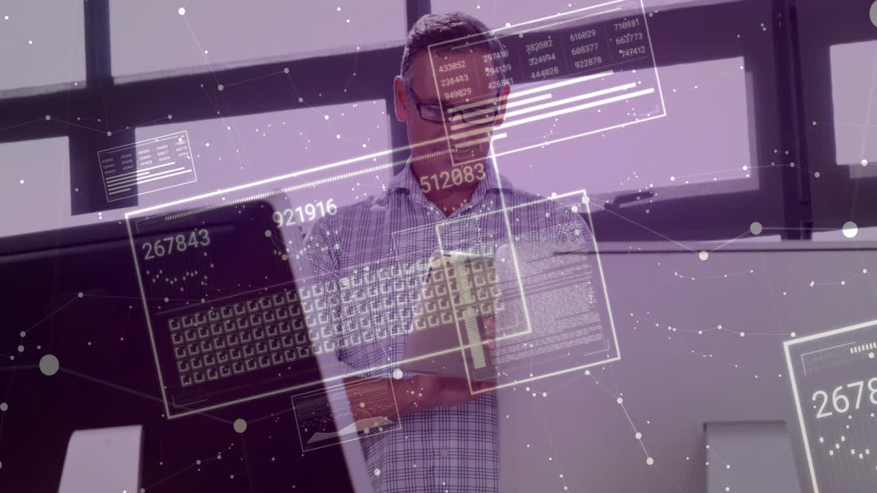 male professional holding tablet and reviewing data grids in tech office, displaying network graphs