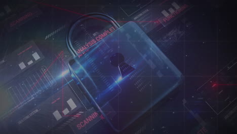 animation of security padlock and data processing over navy background