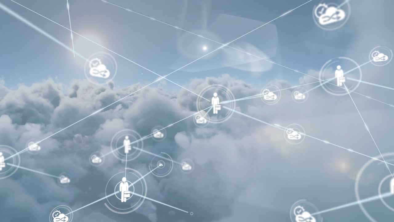 Animation of network of profile icons against dark clouds in the blue sky