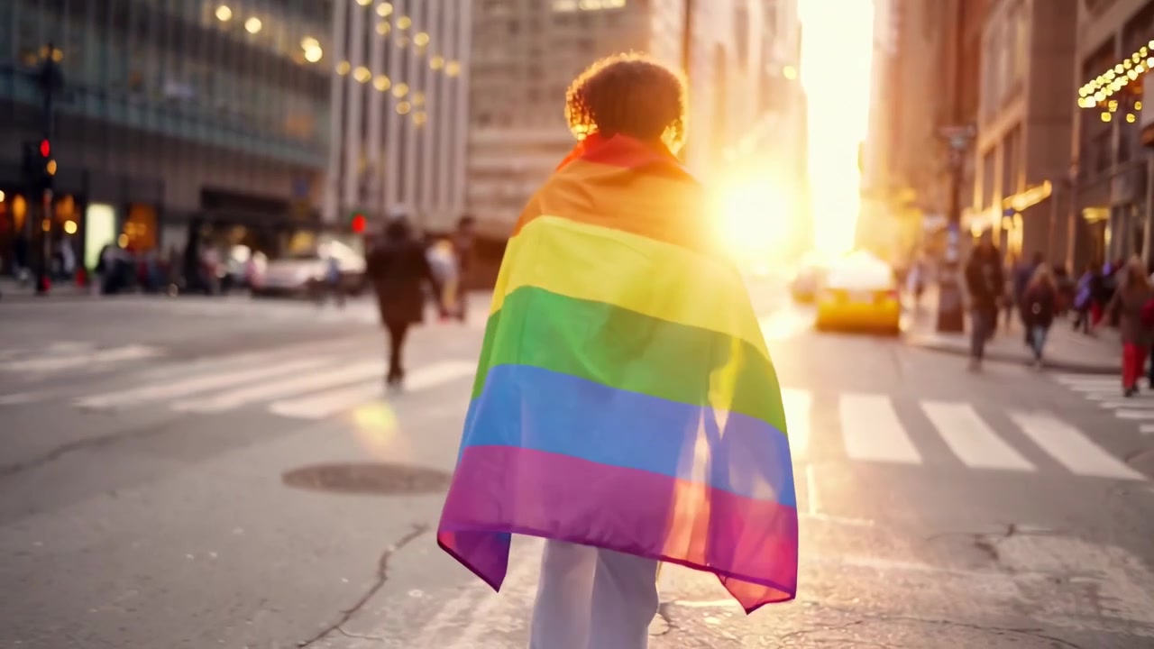 Person Walking Down City Street Wearing a Rainbow Pride Flag