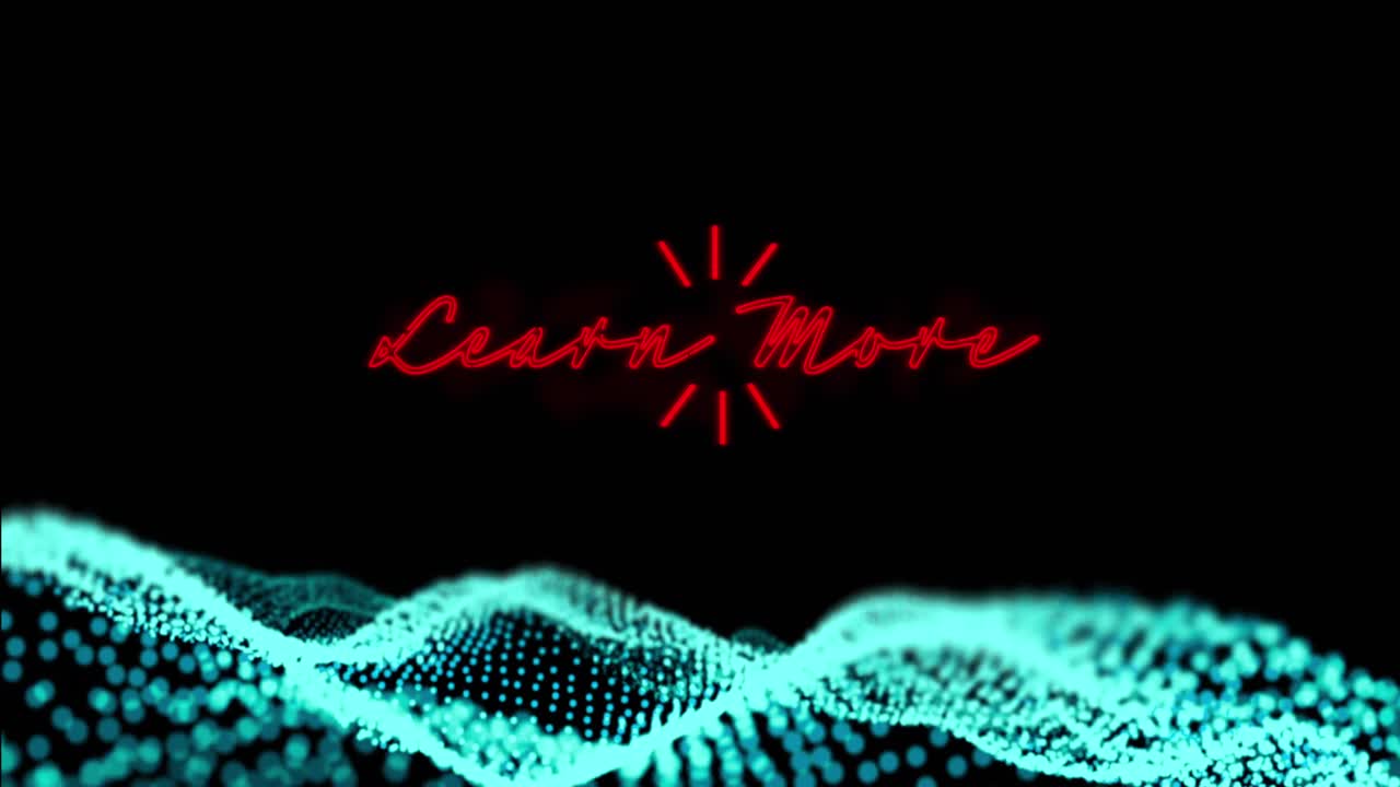 Animation of learn more neon text and data processing over black background