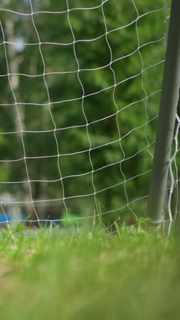 a soccer ball is kicked into a goal post as the goalkeeper misses the ball, on a grassy field with a blur background of outdoor equipment