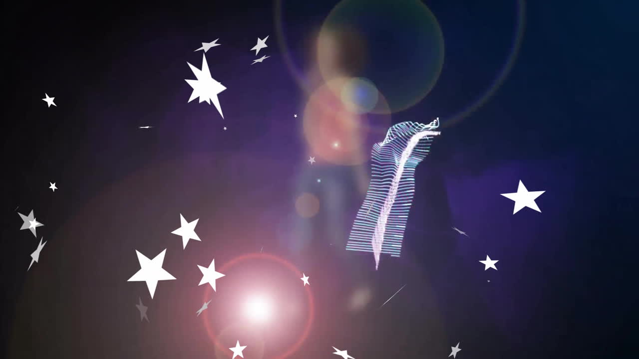 Dancing joyfully, woman against animation of starry purple and blue background