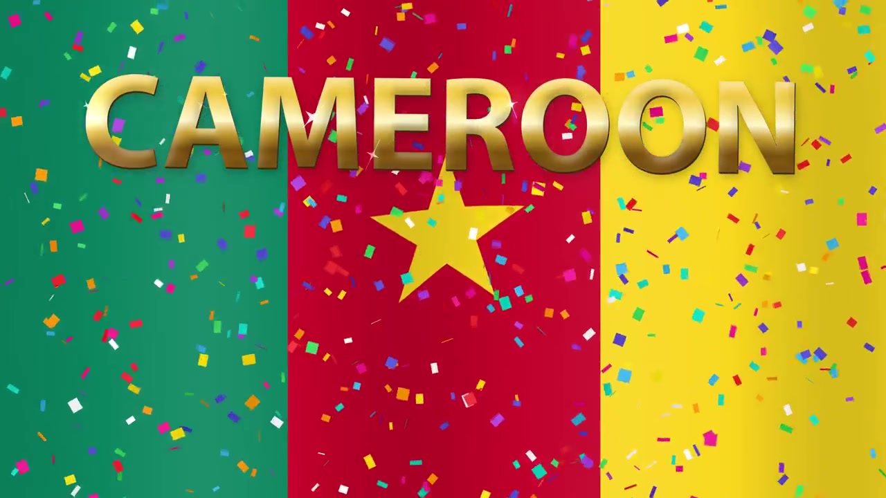 Fondo con bandera de Camerún ondeando, con confeti de colores cayendo y superposición de texto 3D dorado metálico