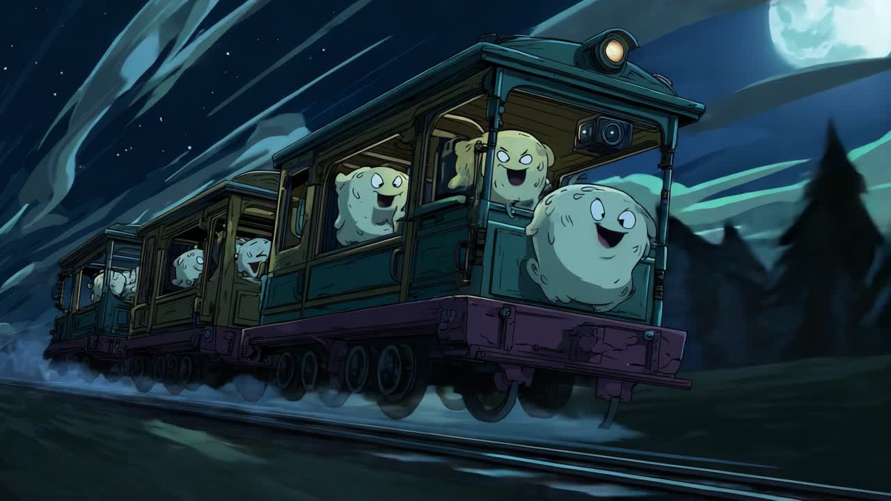 A Whimsical Adventure on a Night Train: Animated Characters Enjoying a Thrilling Ride Through a Starry Sky Filled with Mystery and Excitement