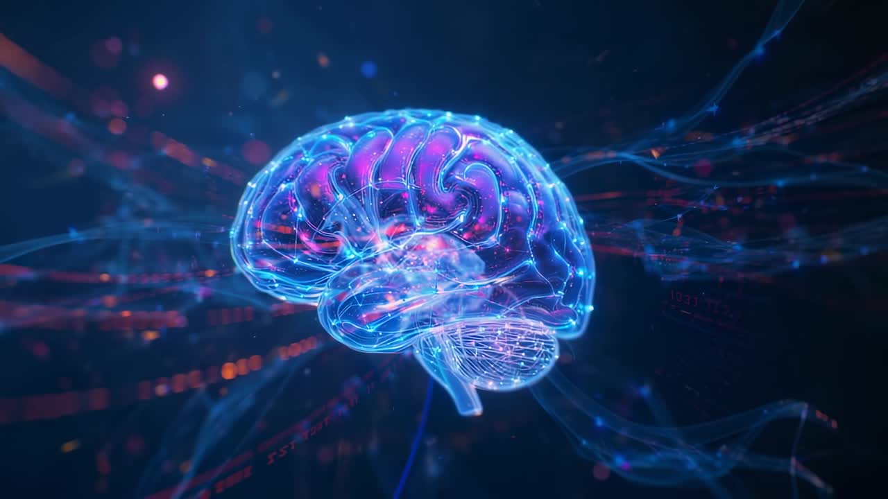 Pulsing hologram brain sending particles in digital space on activation with glowing filaments