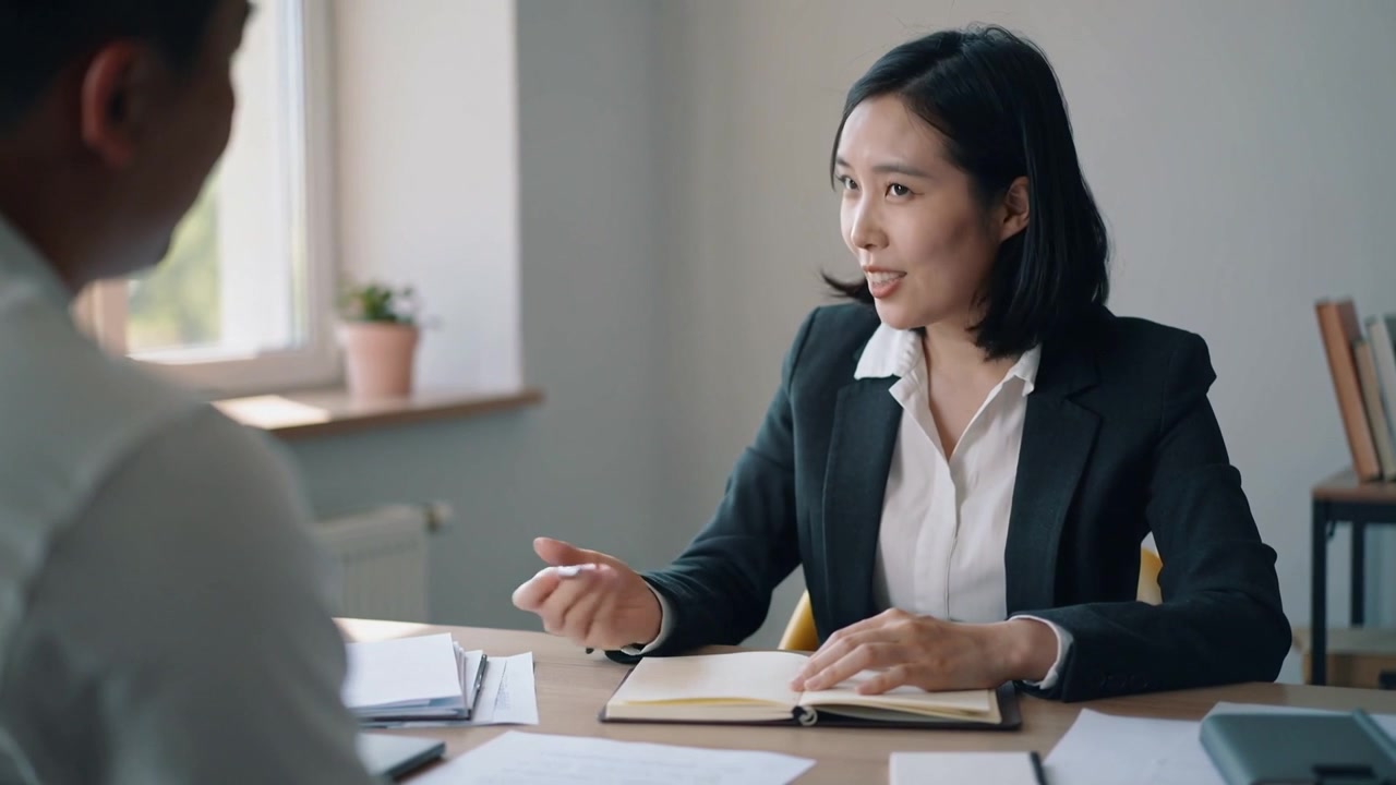 Donna asiatica in blazer che ascolta, mettendo in pausa gli appunti, rispondendo alla domanda di un uomo alla scrivania dell'ufficio con un quaderno.