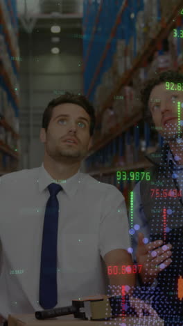 animation of financial data processing over diverse business people in warehouse