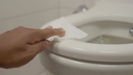 person cleaning toilet seat with tissue