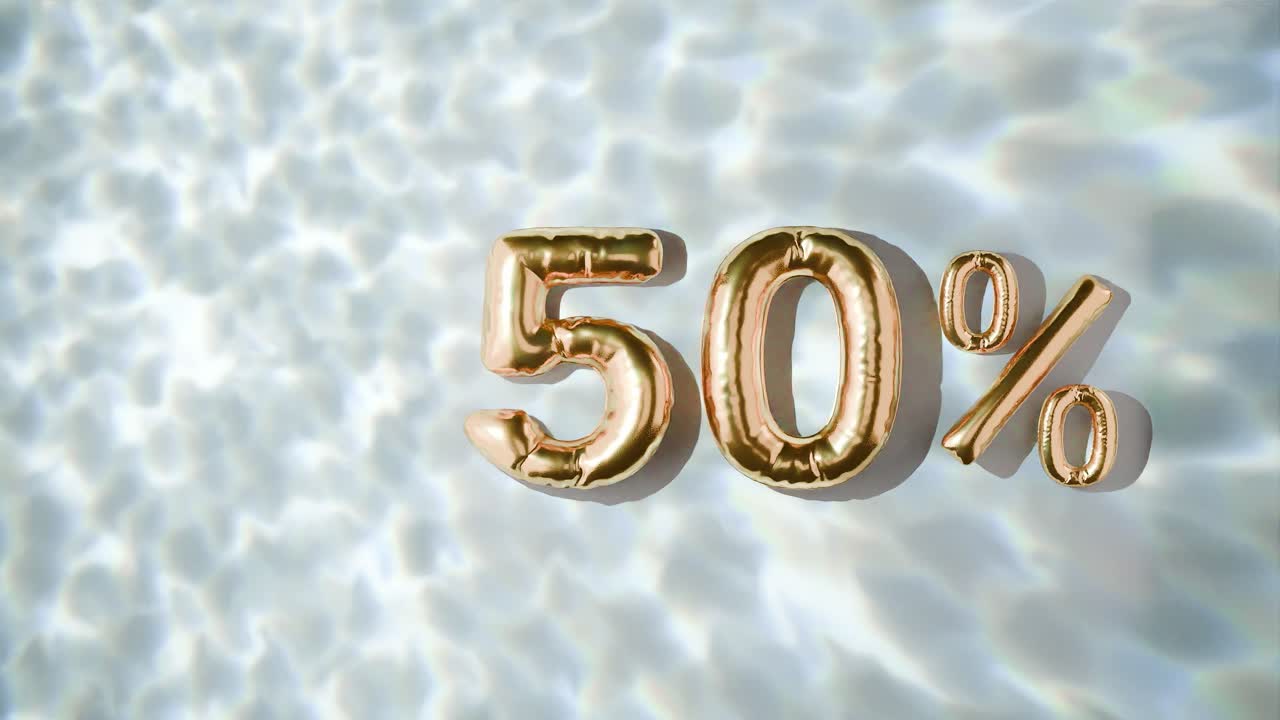 50% dorado flotando por encima de las ondas de agua en fondo blanco