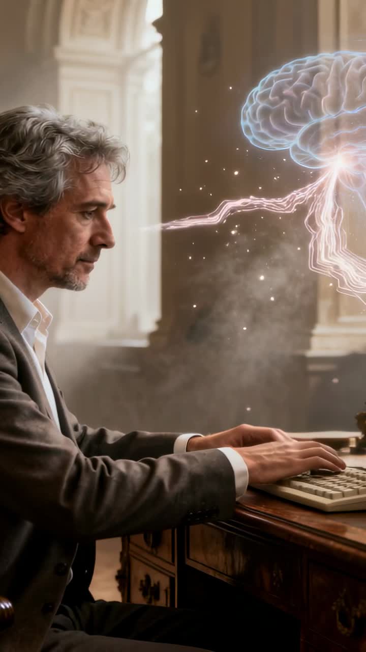 Uomo che digita alla scrivania, un cervello luminoso che proietta e si connette alla fronte tramite fili neurali per la tecnologia.