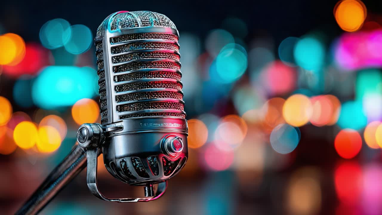 Dynamic Close-Up of a Vintage Microphone with Colorful Bokeh Background Captures the Essence of Music and Performance in an Urban Setting