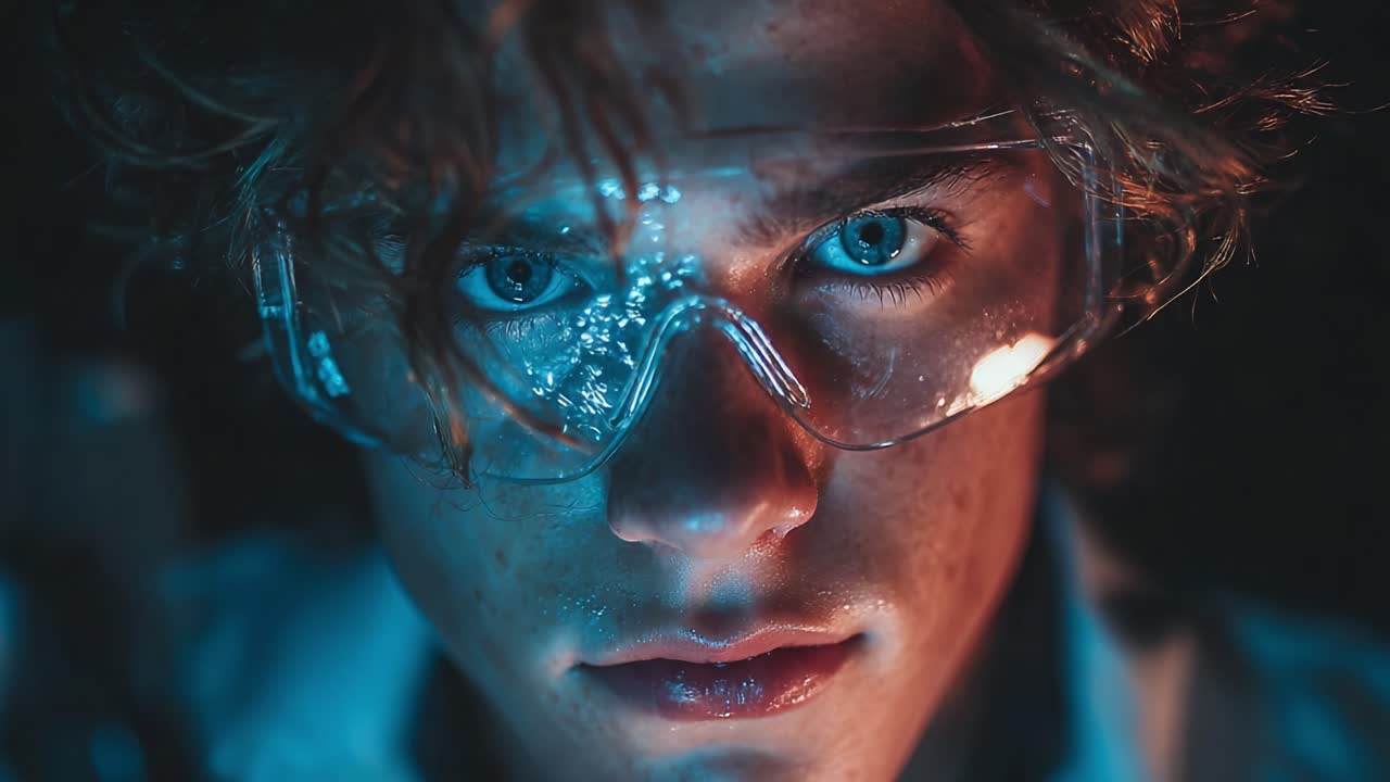 Intense Close-Up of a Young Scientist with Blue Eyes and Protective Glasses in a Dark Laboratory Setting, Capturing a Moment of Curiosity and Focus on Scientific Discovery