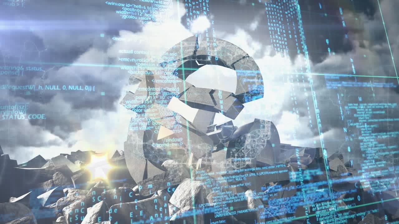 어두운 구름에 맞춰 깨진 유로 기호에 맞춰 밝은 점의 애니메이션과 데이터 처리