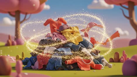 a magical transformation of colorful clothes: a vibrant pile of garments surrounded by sparkling energy in a playful landscape of whimsical trees