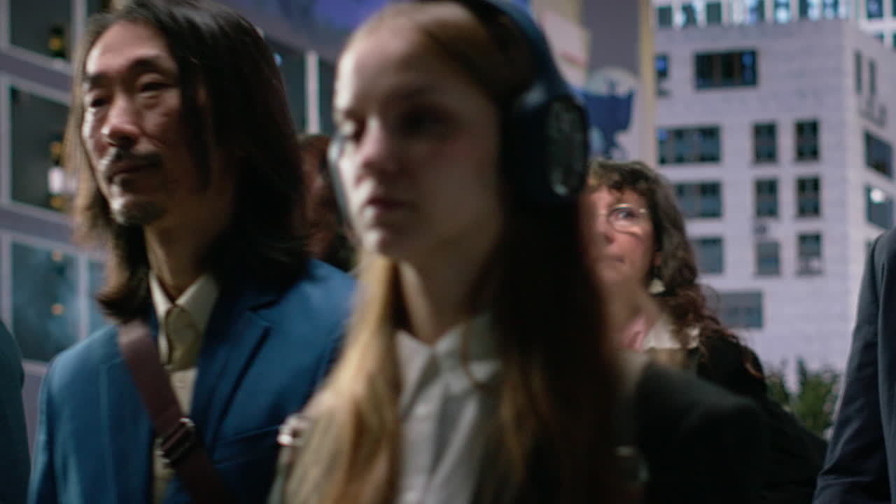 Multiethnic pedestrians of different ages crossing street in steady movement