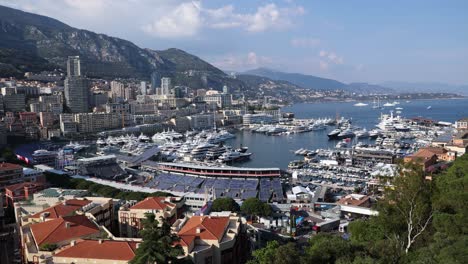 Monaco-City-Coastline-Landscape-with-Formula-One-Grand-Prix-Racetrack,-Panning