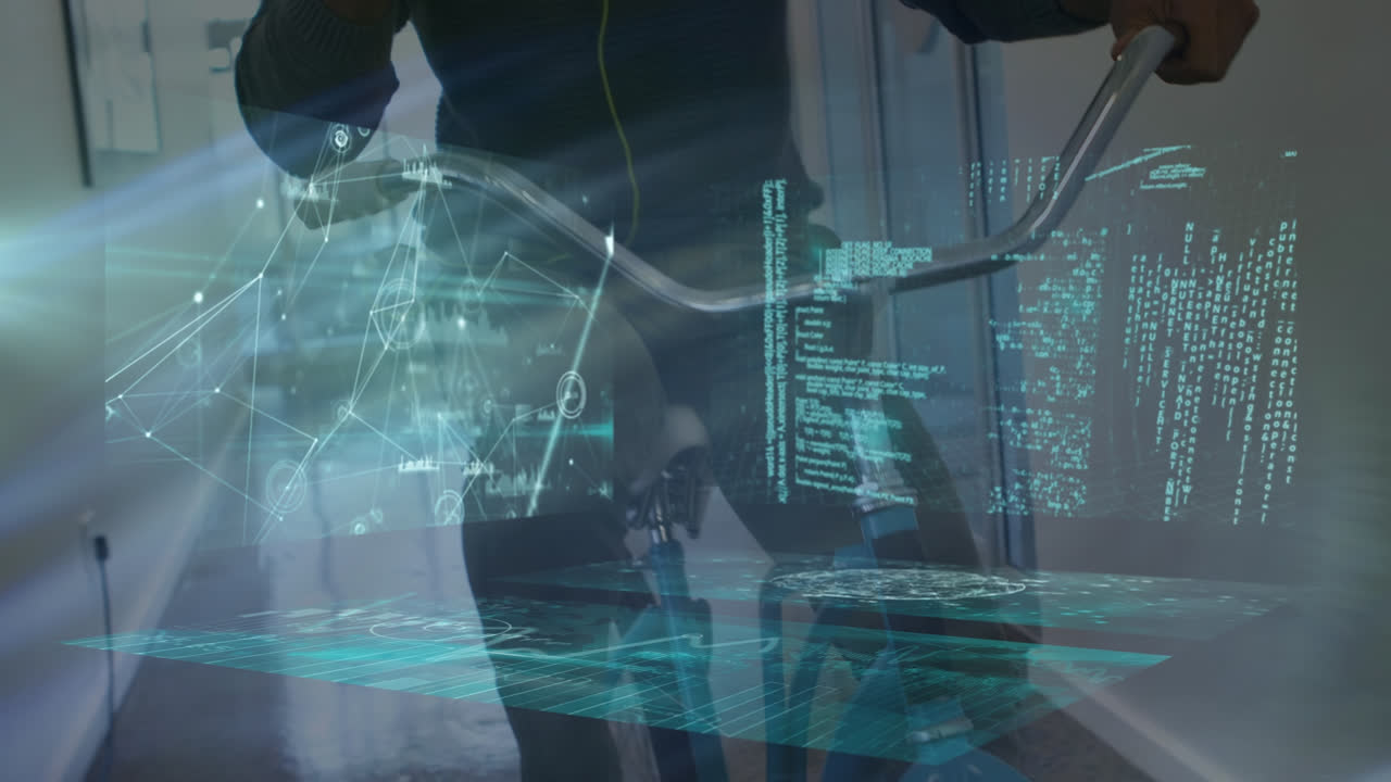 자전거를 타는 두 인종의 남성에 대한 금융 데이터 처리의 애니메이션