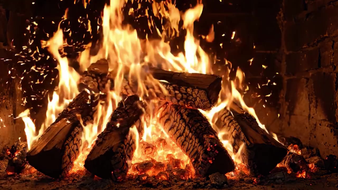 Fiamme affascinanti danzano in un accogliente camino, illuminando i ceppi con calore intenso e un bagliore caldo tra le braci tremolanti, creando un'atmosfera esterna perfetta