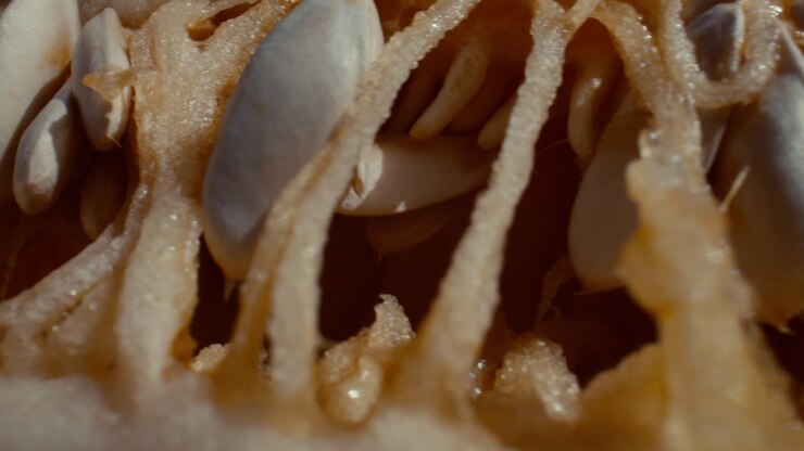 Macro closeup slide across the seeds inside a cantaloupe fruit