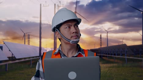 close up of asian male engineer with safety helmet working on a laptop and looking around while standing with solar panel and wind turbines