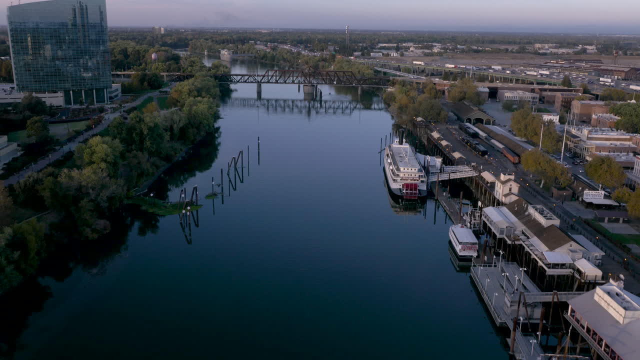 Aerial Views of Tower Bridge and Sacramento River at Dusk