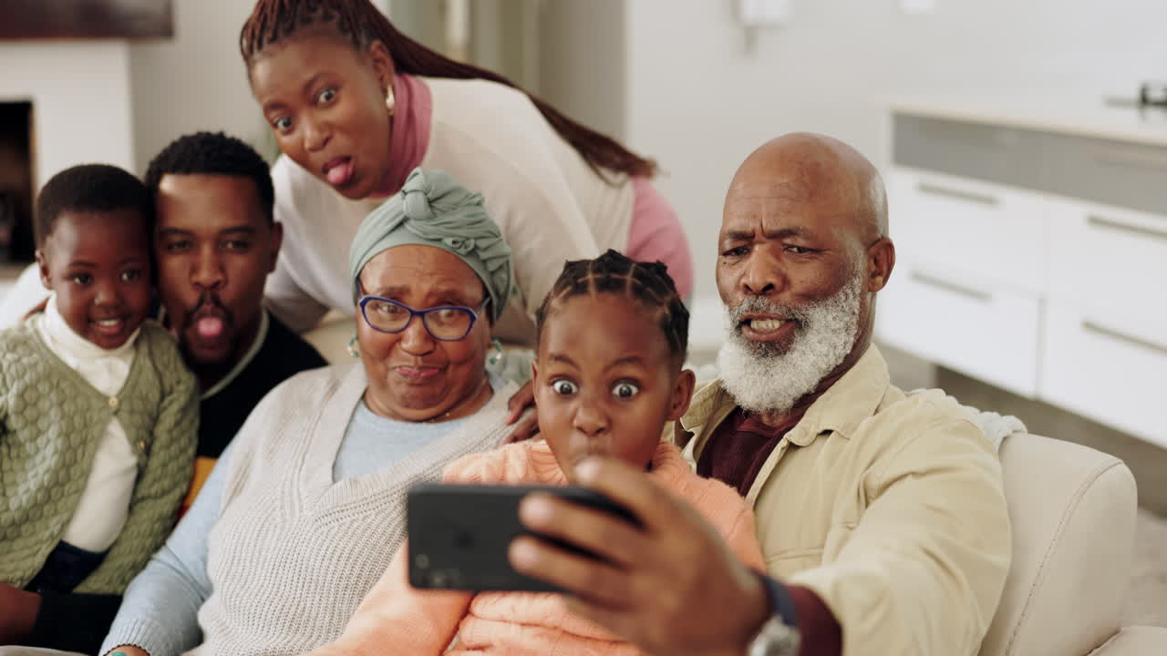 Black family, selfie and funny face on sofa